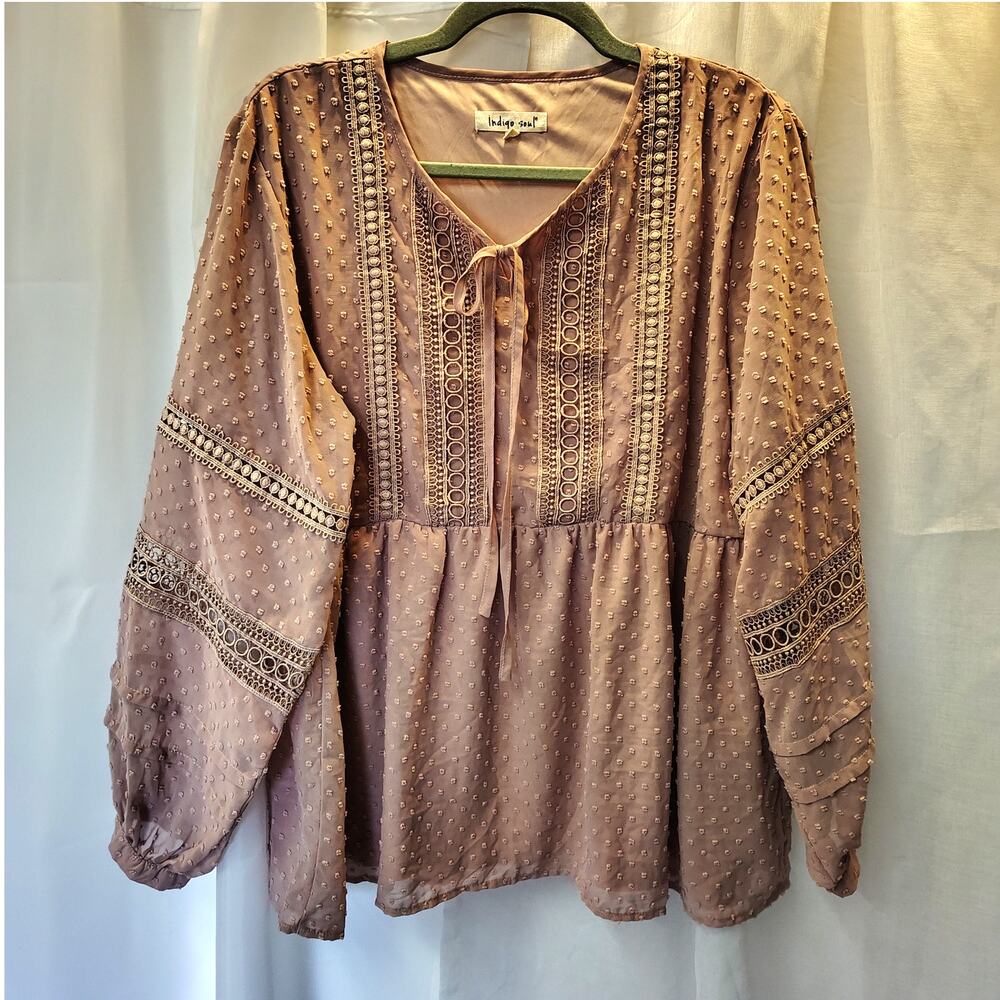 Indigo Soul Women’s XL Boho Babydoll Blouse Embroidered Swiss Dot Top